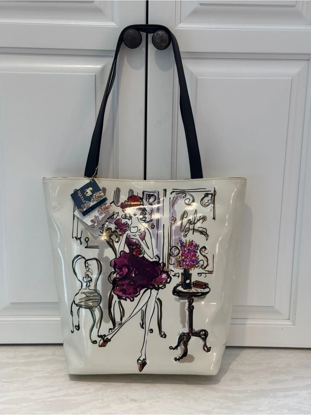 Nique White Patent Tote with Purple Illustration